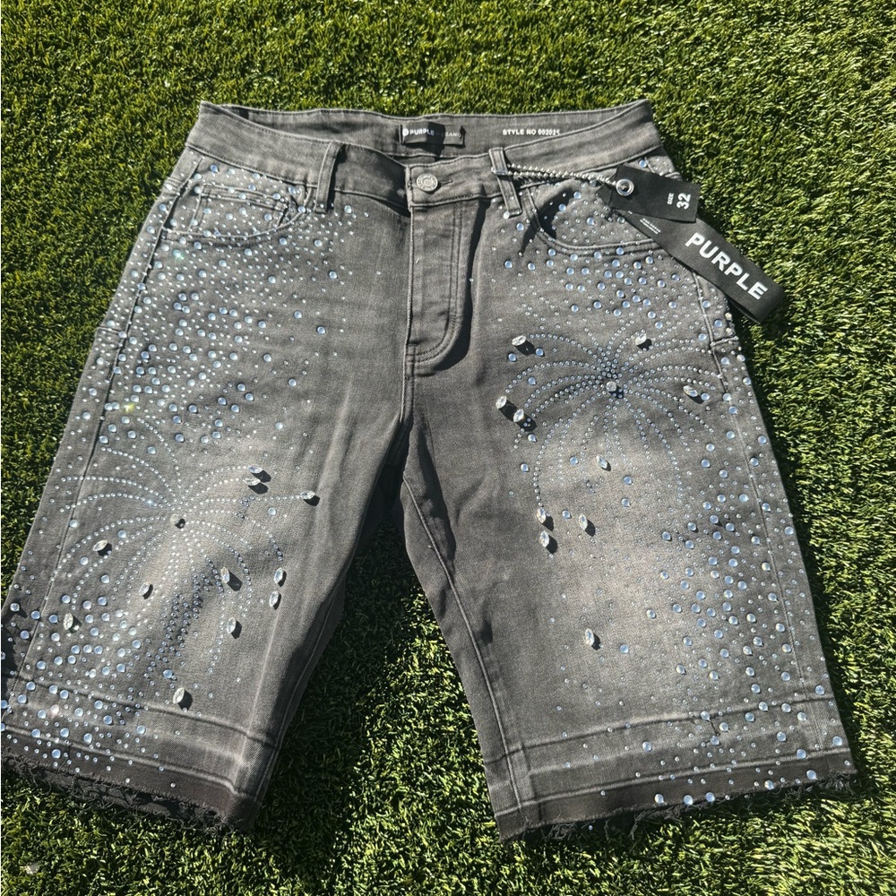 Purple Embellished Black Denim Shorts